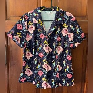 Eva Rose Vintage Floral Blouse Button Front Navy Abstract Botanical Top USA